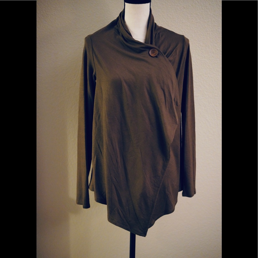 New! Bobeau Olive Green Lightweight One Button Wrap Cardigan